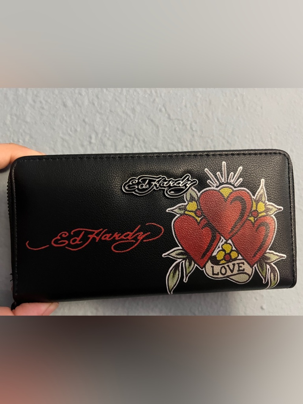 Ed Hardy Black Wallet with Red Heart Tattoo Motif